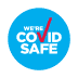 A logo of "We're Covid Safe" with red checkmark